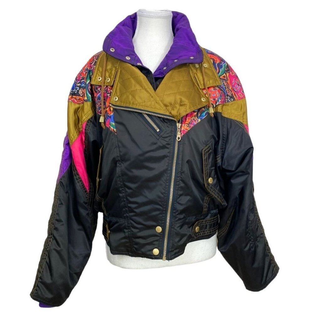 NEVICA VIRAGE SPORT VINTAGE 80S BLACK COLORFUL COMBO ZIP UP WAXED APRES SKI COAT
